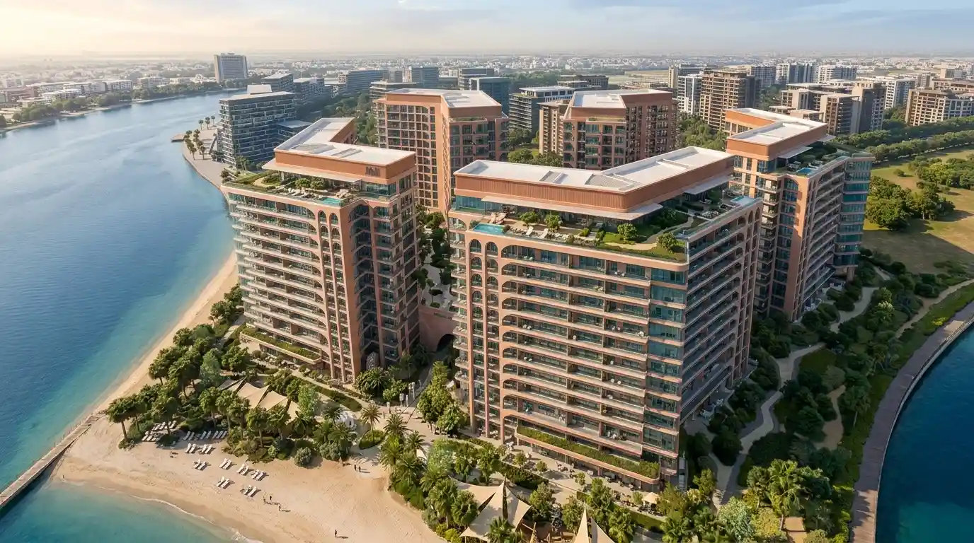 Seefa by Alef waterfront residences at Maryam Island, Sharjah at dusk